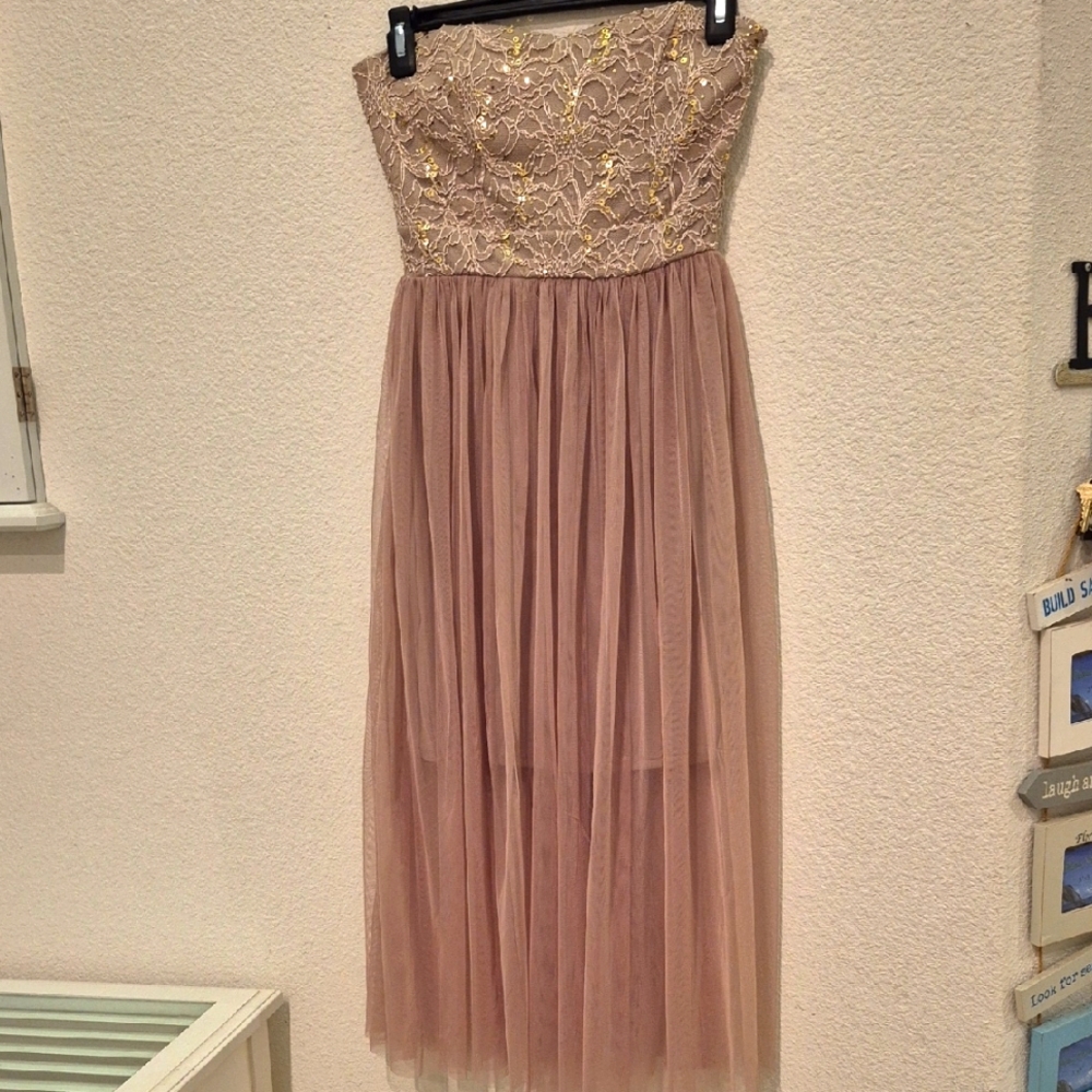 Bailey Blue Gold and Pink Strapless Gown for Prom
